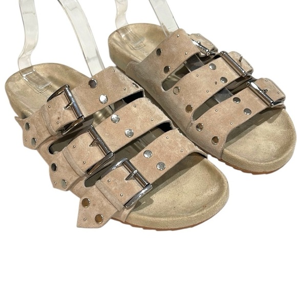 Rebecca Minkoff Shoes - Rebecca Minkoff Triple Strap Tania Studded Slide Sandals Sahara Tan Suede SZ 9.5